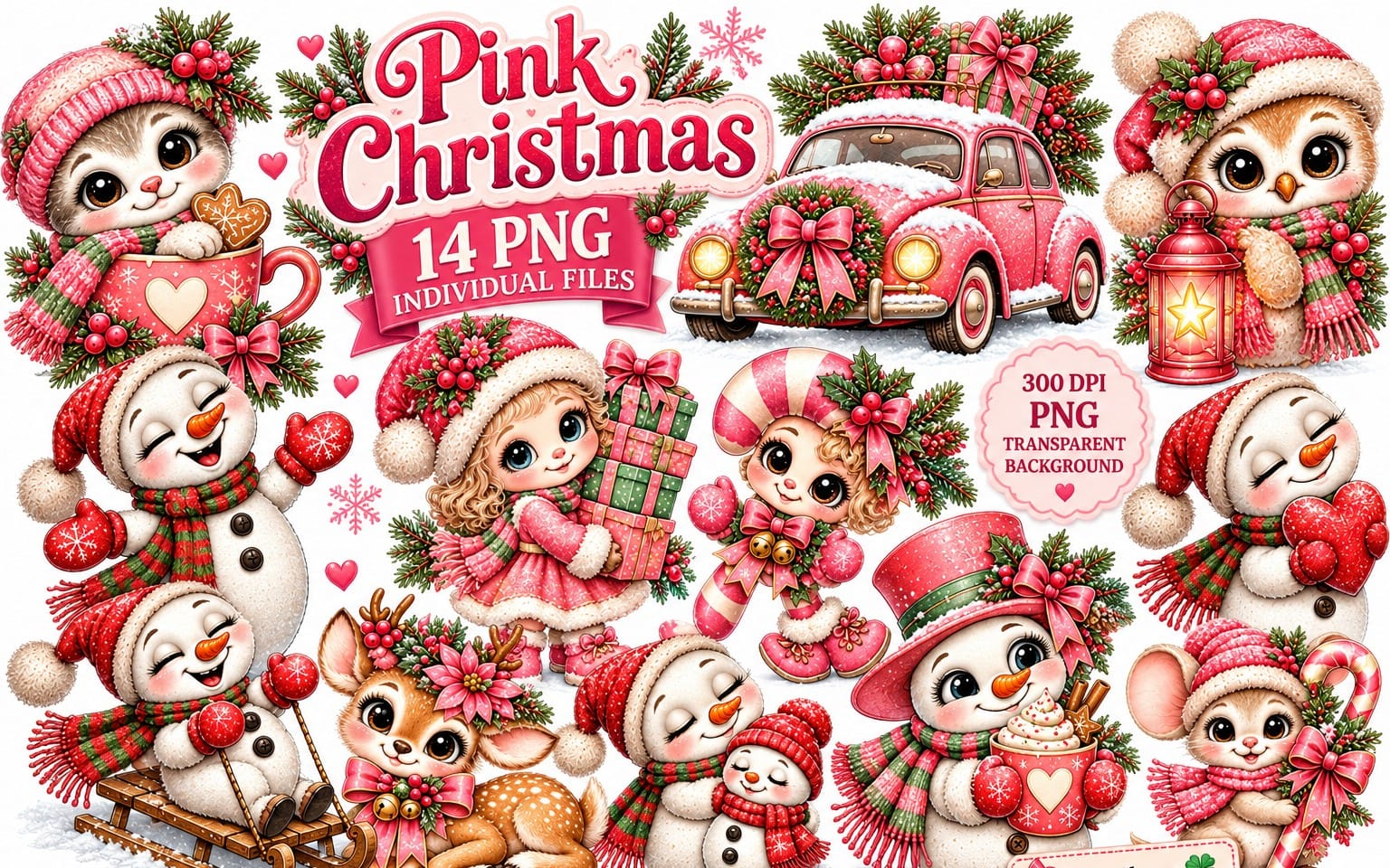 Pink Christmas clipart bundle with cute snowman, reindeer and winter characters on transparent PNG backgrounds