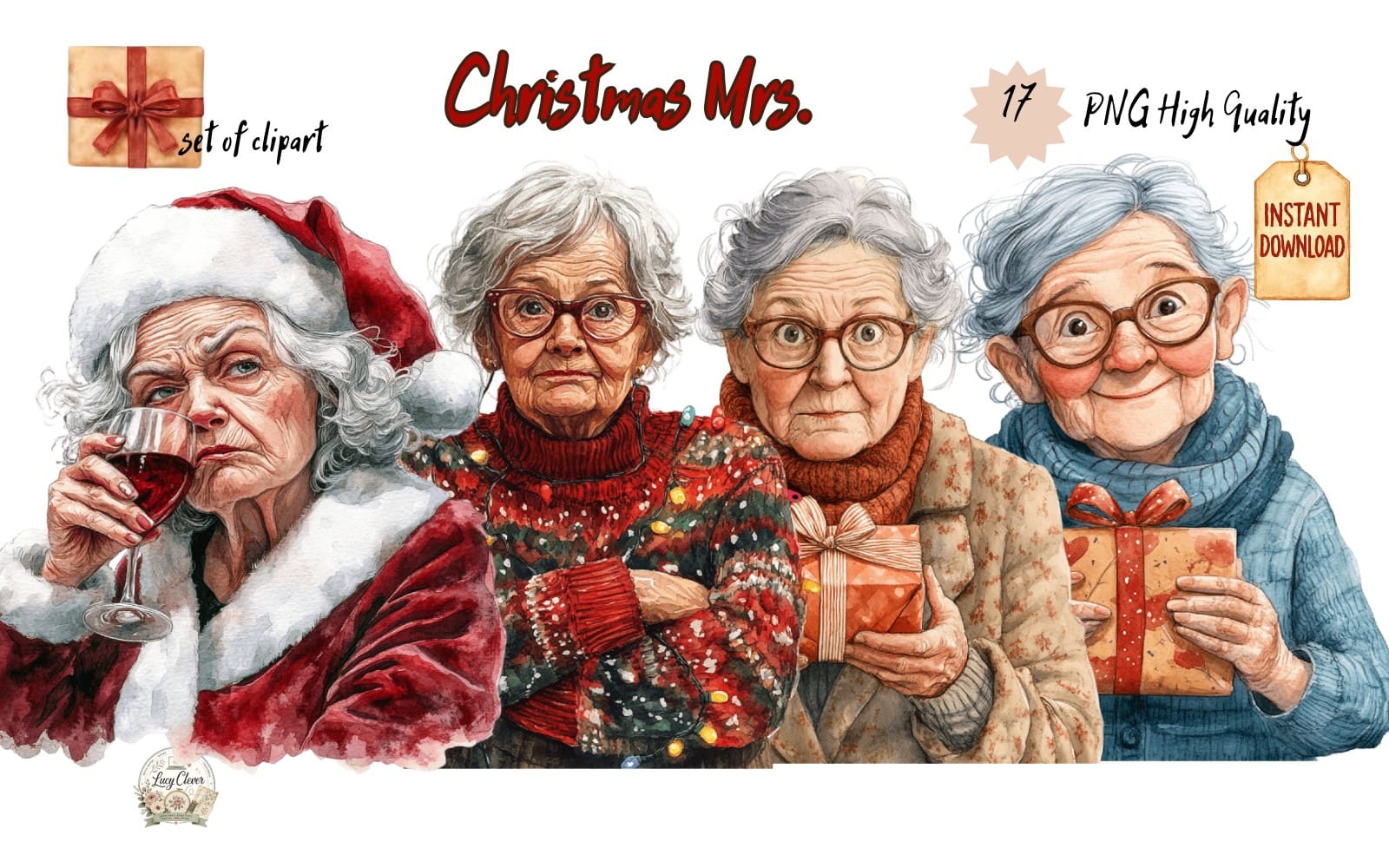 Watercolor cartoon clip art bundle featuring four funny older women dressed as Mrs. Claus holding wine and gifts