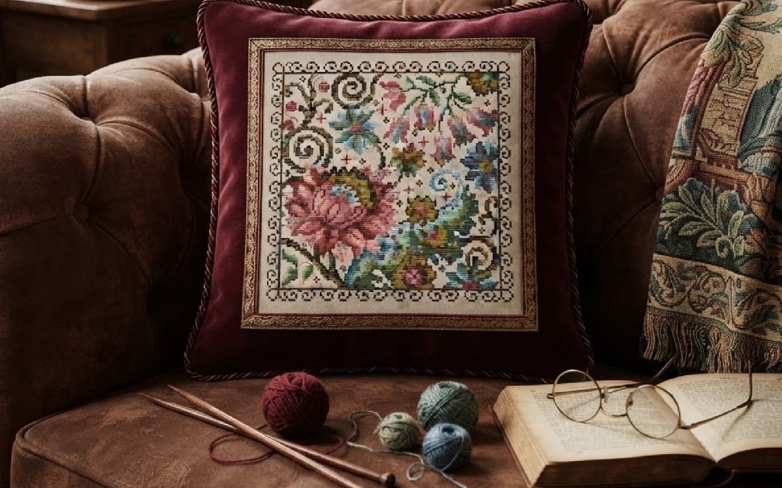 Vintage floral cross stitch pattern chart shown on a cushion with embroidery threads and scissors on a sofa