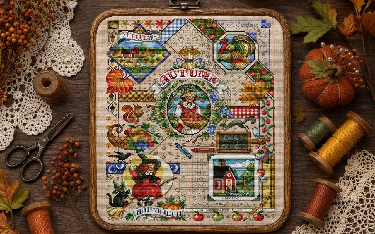 Autumn Sampler Cross Stitch Pattern — Digital PDF Chart by Janlynn, Fall Harvest & Halloween Folk Art Needlework Design