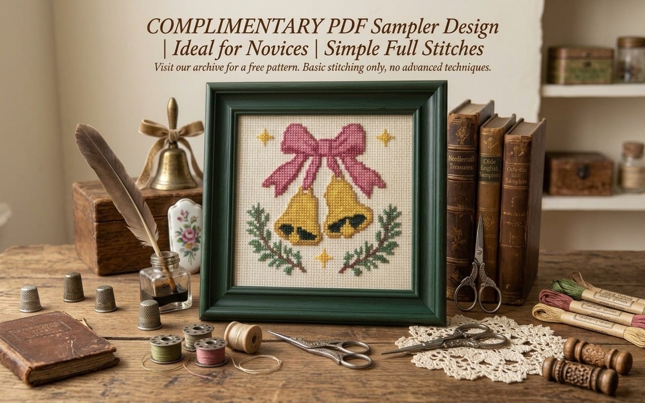 Christmas golden bells cross stitch PDF pattern design with bow and ornaments shown framed, with charts reference text