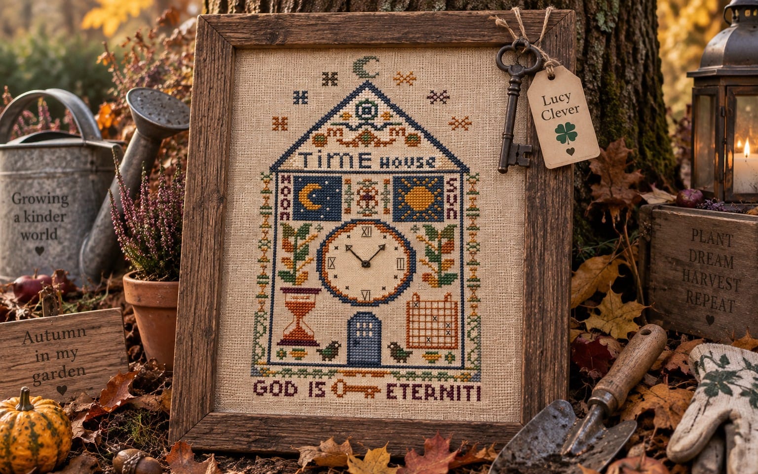 Framed cross stitch design pattern for Time House with clock and seasonal motifs, shown as a printed PDF preview