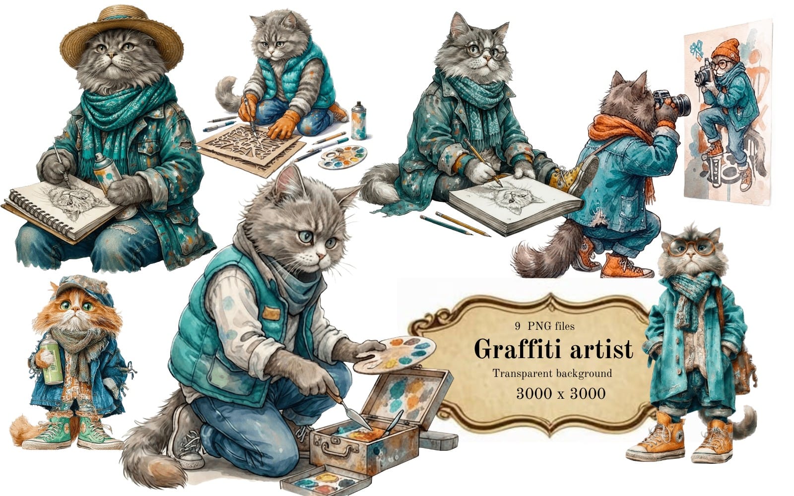 Set of 9 watercolor graffiti-style cat artist clipart characters in teal outfits as high-resolution PNGs with