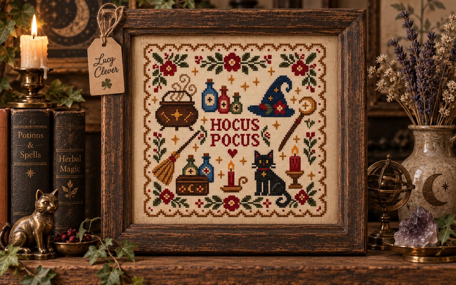 Framed cross stitch sampler pattern with witch cat Halloween motifs and Hocus Pocus text on a witchy background