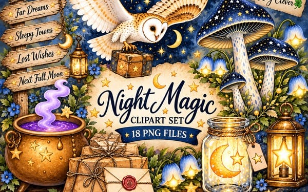 Night Magic clipart set banner with celestial owl, moons, stars, lanterns, candles, mushrooms, and gift elements in PNG