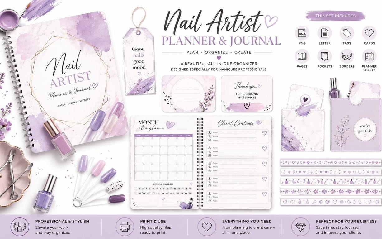 Lavender nail-themed nail artist planner and journal layout with pages, stickers, and bottles on a flat lay background