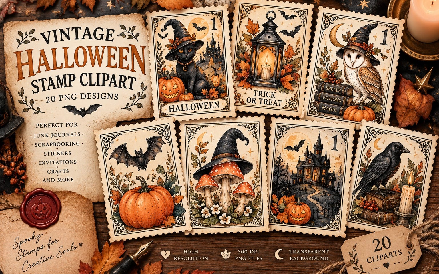 Vintage Halloween stamp clipart bundle with witch, black cat, pumpkin, bat, owl, and gothic lantern designs on aged