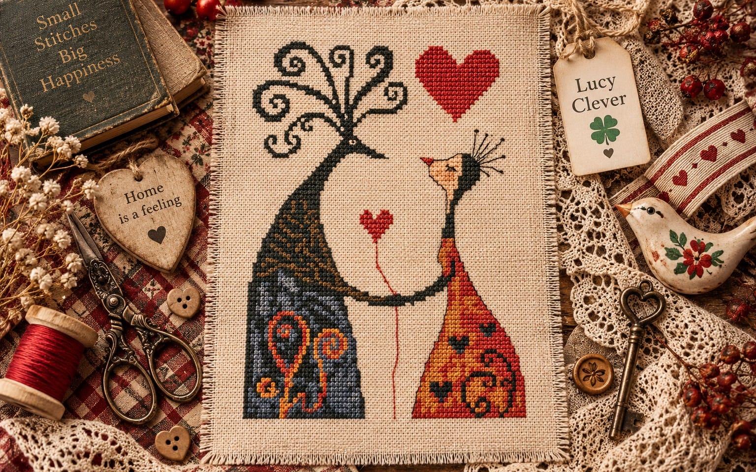 Romantic Valentine cross stitch PDF pattern featuring a whimsical couple with hearts and folk art birds on linen cloth