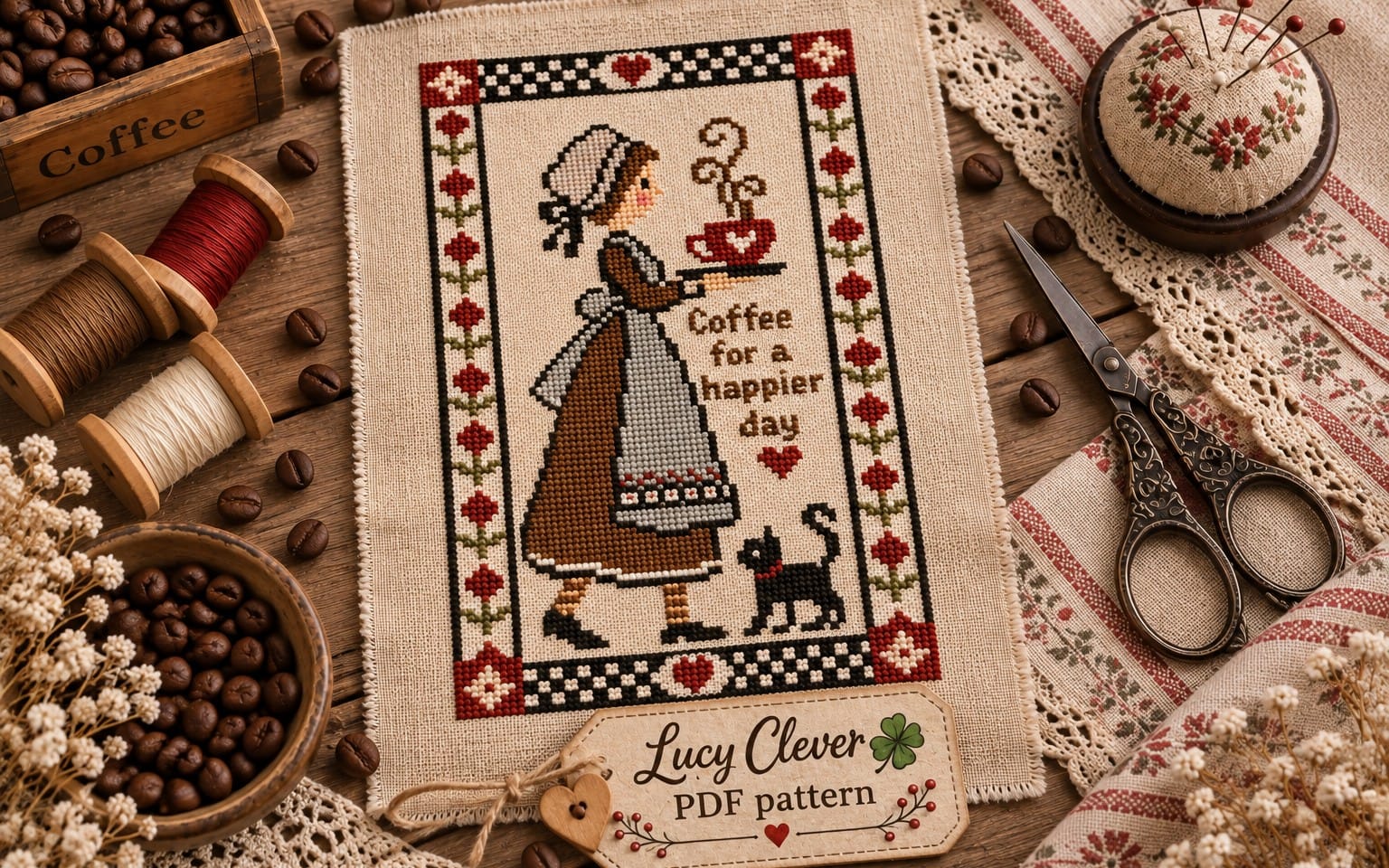 Vintage cross stitch PDF pattern featuring a coffee quote with a mug, folk art border, and tools on a rustic table