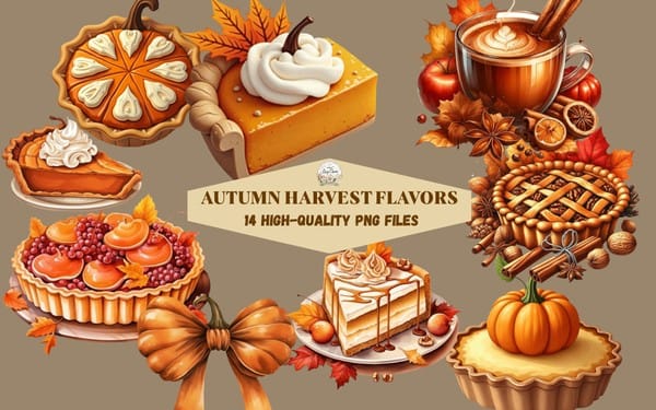 Watercolor autumn harvest food clipart set with pumpkins, pie slices, pastries, cookies and coffee PNG files