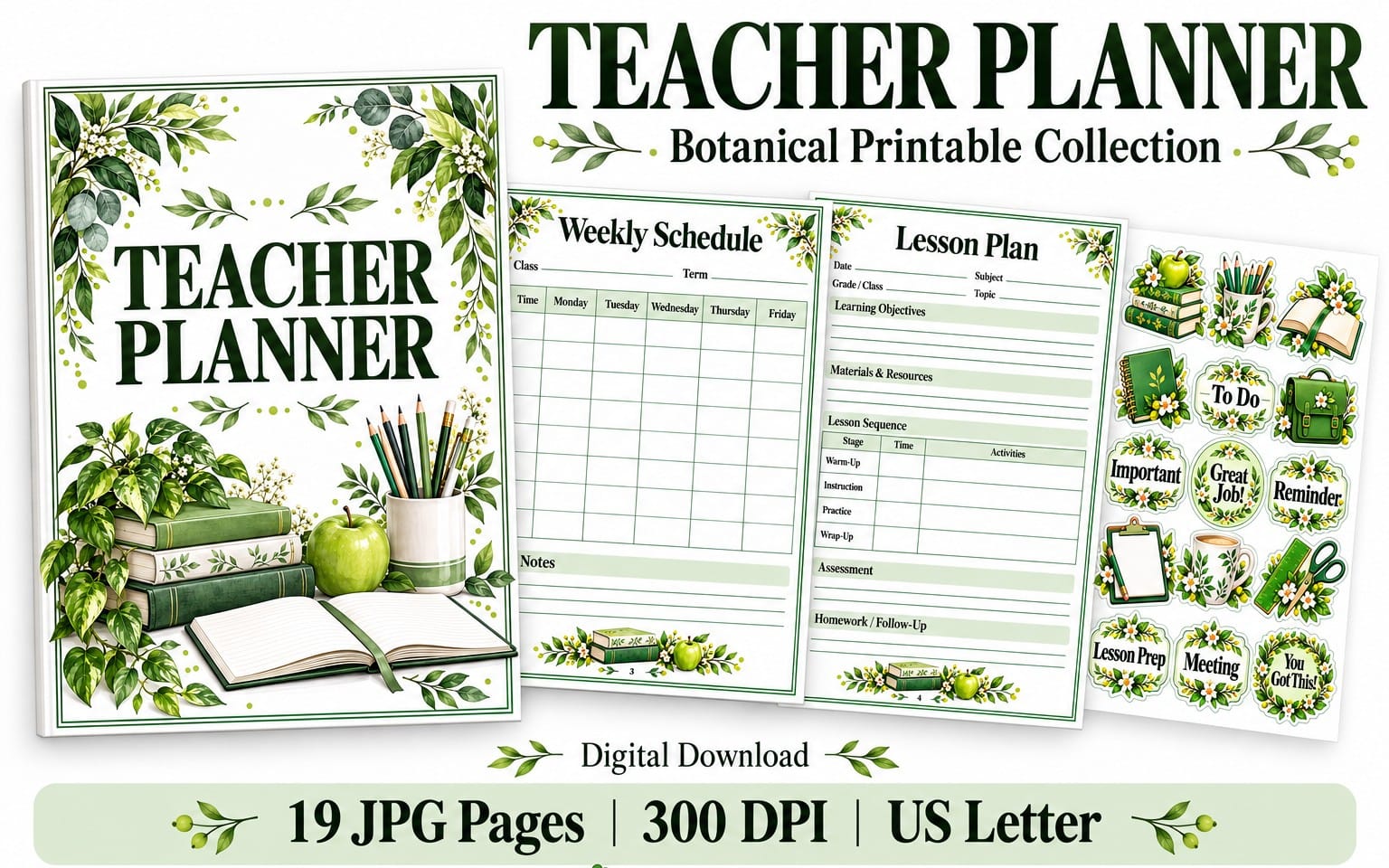 Green botanical teacher planner printable set with weekly schedule, lesson plan pages and sticker icons on US letter