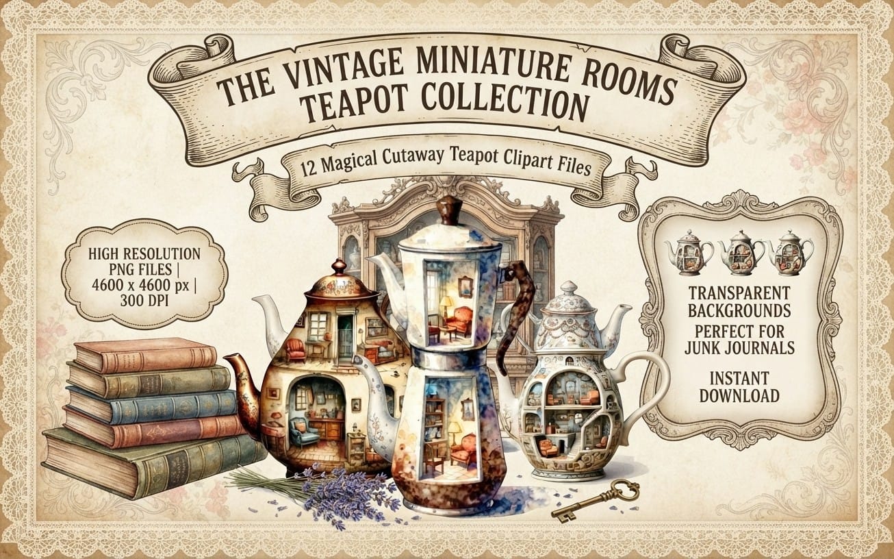 Watercolor Teapot Tiny Houses Clipart - PNG 300 DPI