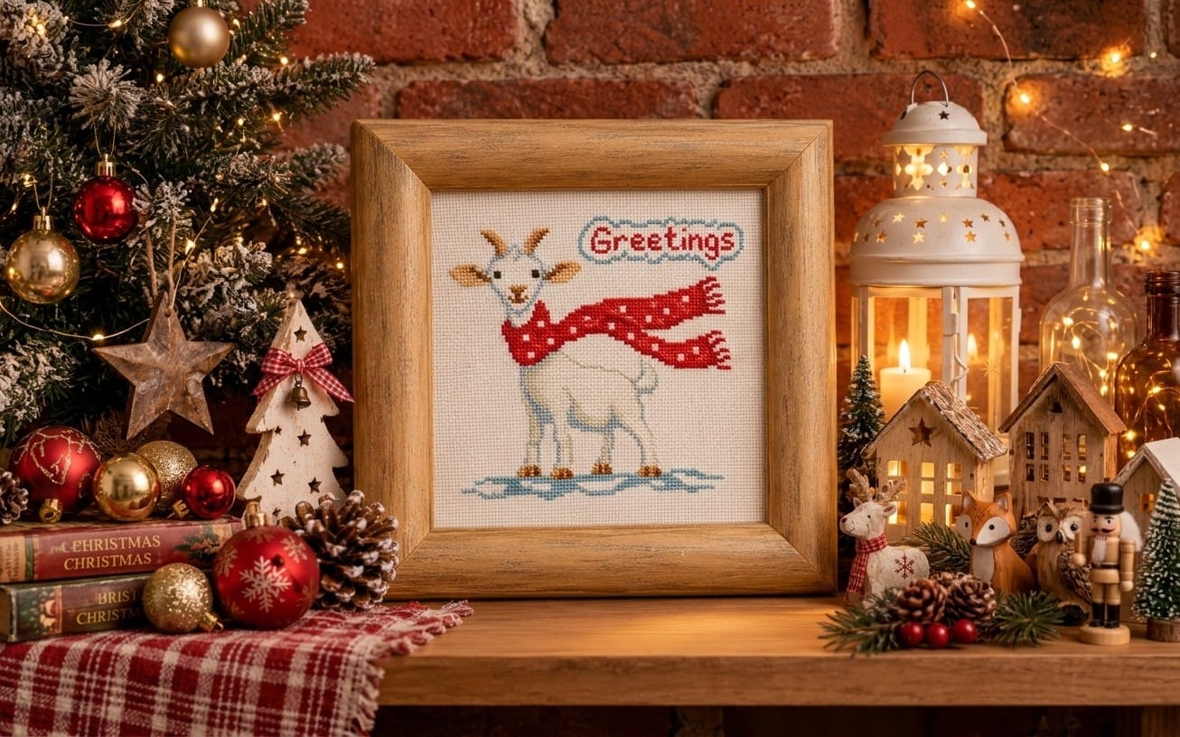 Greetings Christmas Goat Cross Stitch Pattern PDF, Cute Winter Animal Embroidery Chart, Easy Holiday Needlework Pattern, Instant PDF Download