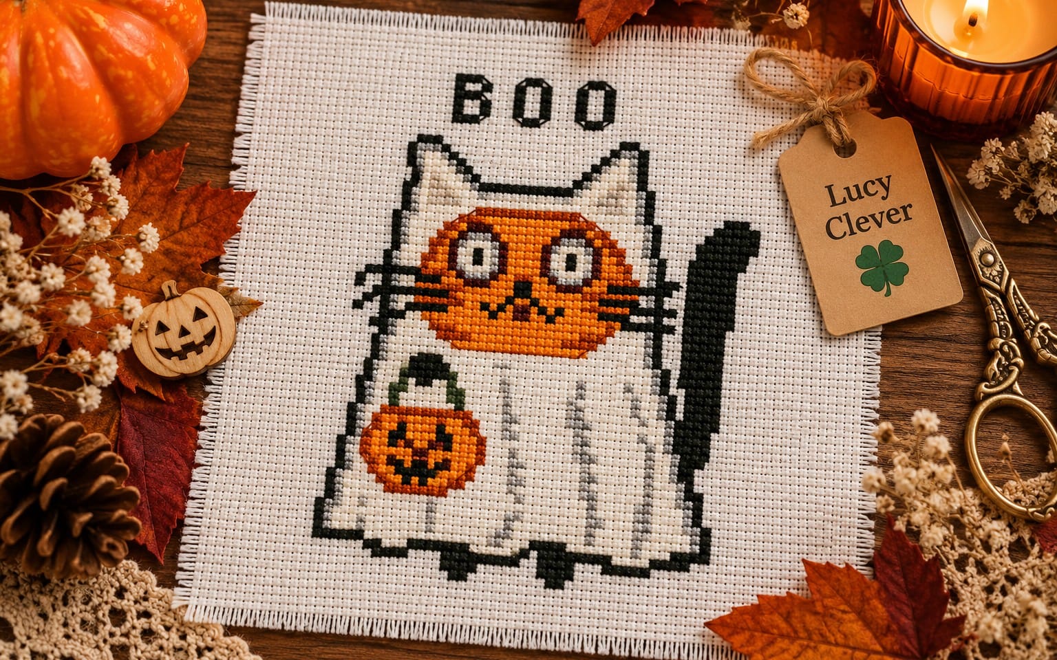 Halloween ghost cat cross stitch pattern PDF on white fabric with orange pumpkins and autumn leaves background