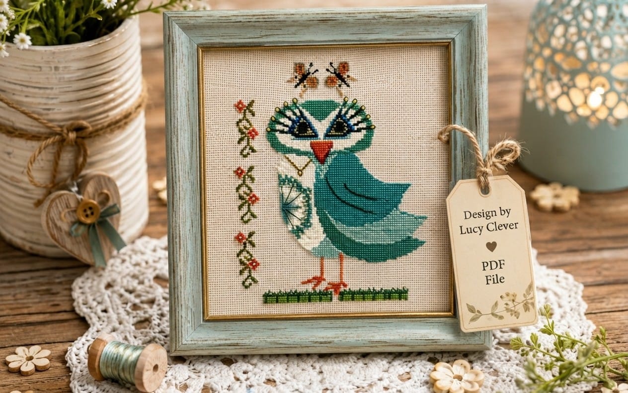 Fashionista Owl Cross Stitch Pattern – Modern Bird Embroidery PDF Chart, Cute Animal Needlepoint Design, Instant Download Color & Black-and-White PDF