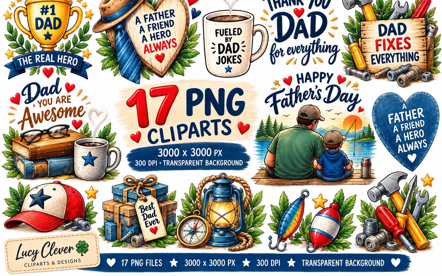 Father’s Day clipart bundle with 17 colorful PNG designs, mugs, tools, hats, hearts, and fishing elements