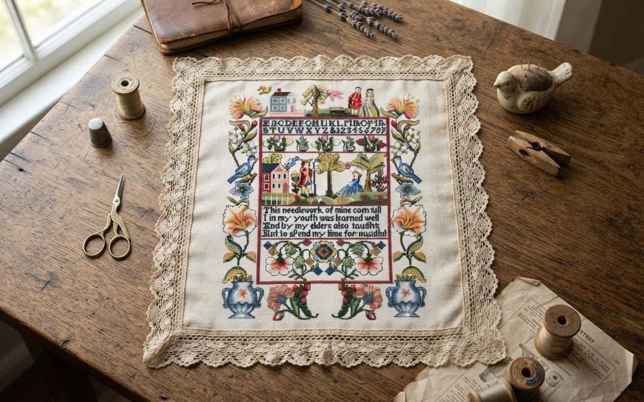 The Wisdom Sampler Cross Stitch Pattern – Vintage Floral Alphabet & Quote Needlework PDF Chart
