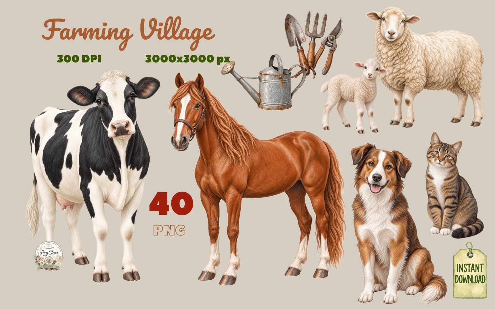 Farming Village Clipart PNG Bundle, Rustic Country Farm Watercolor, Farmhouse Graphics Digital Download