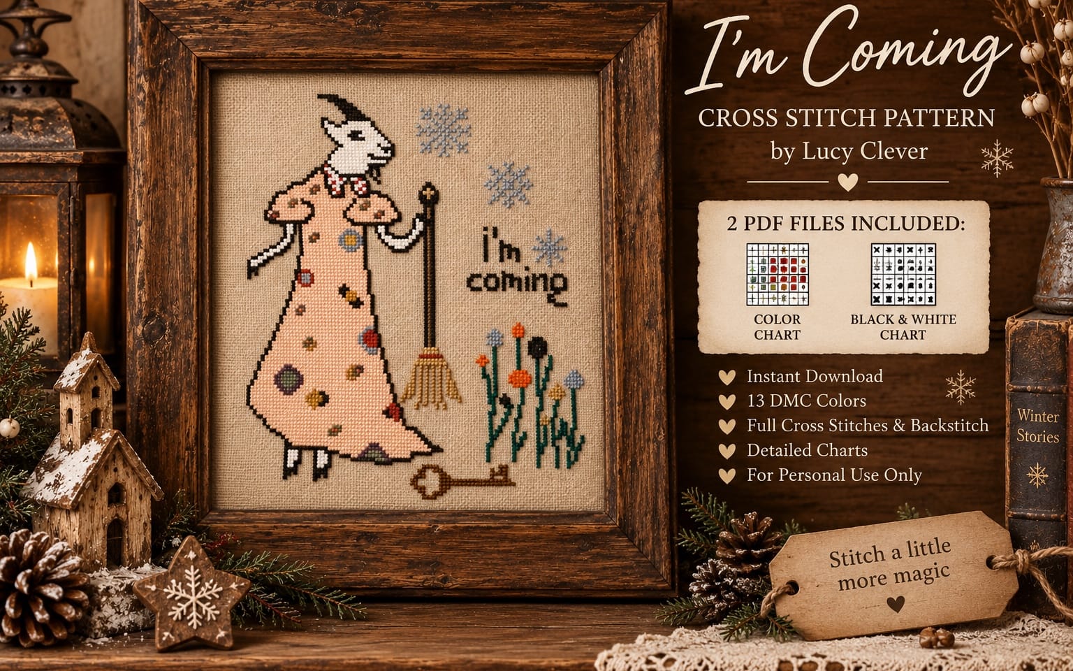 Winter goat cross stitch sampler pattern in a framed embroidery scene with PDF info text and decorative snowflakes