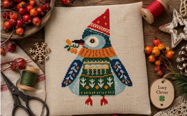 Nordic Winter Bird Primitive CrossStitch