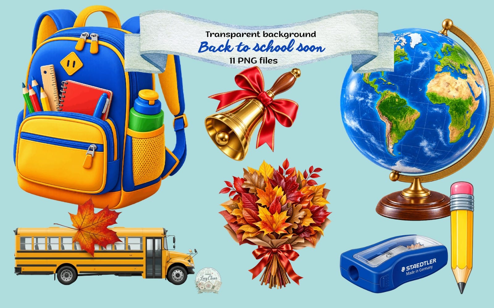 Back to school vibrant PNG clipart set with backpack, school bus, pencil, globe, bell, pencils and autumn leaves on