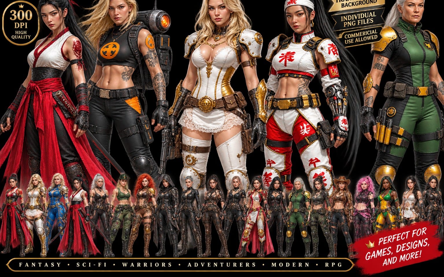 Bundle of fantasy sci-fi strong female warrior characters in armored outfits, including multiple PNG clipart figures