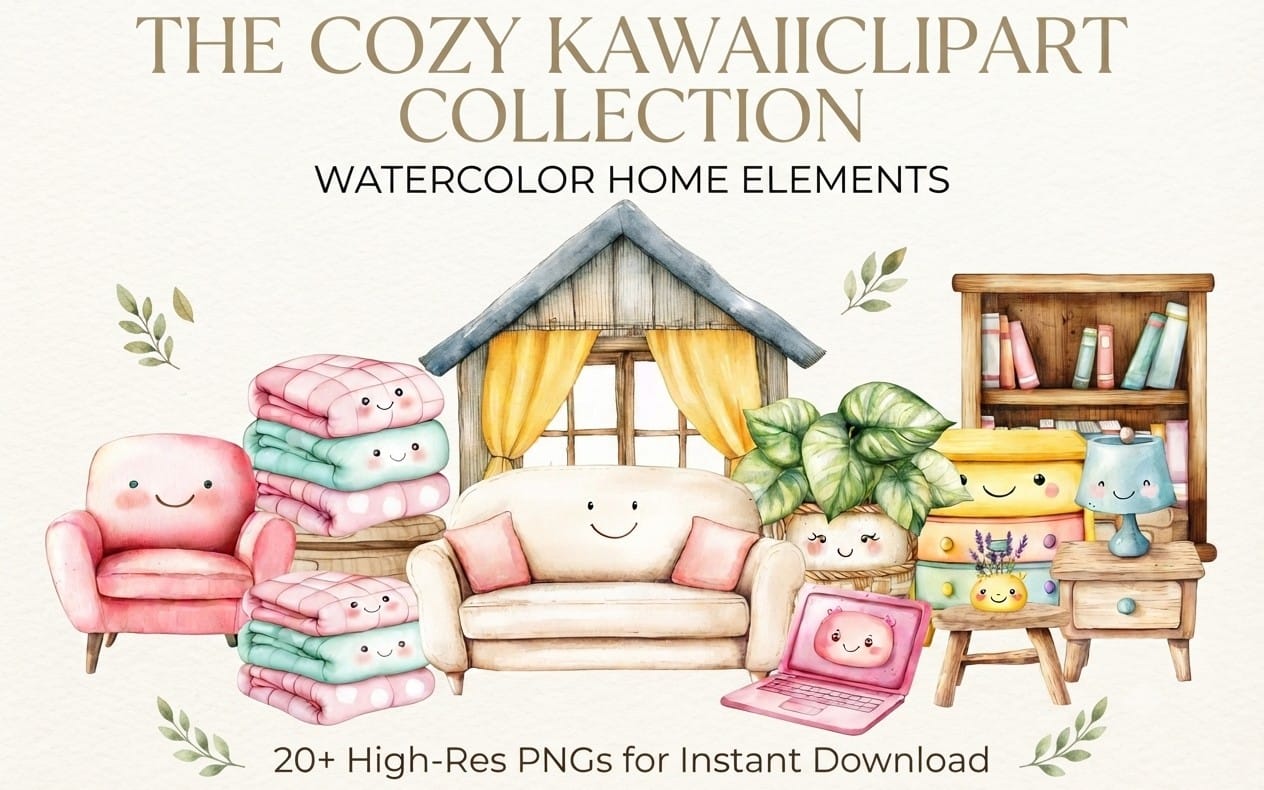 Watercolor kawaii cozy home clipart set with smiling house, sofa, bookshelf, plants, and stacked blankets in PNG style