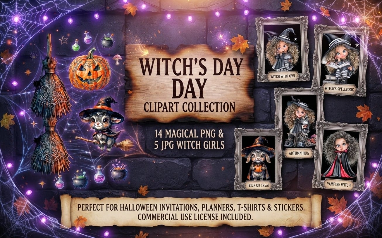 Witch's Day Watercolor Clipart Collection – Spooky Halloween Digital Graphics, Cute Witches, Pumpkins & Magic Elements (Commercial Use)