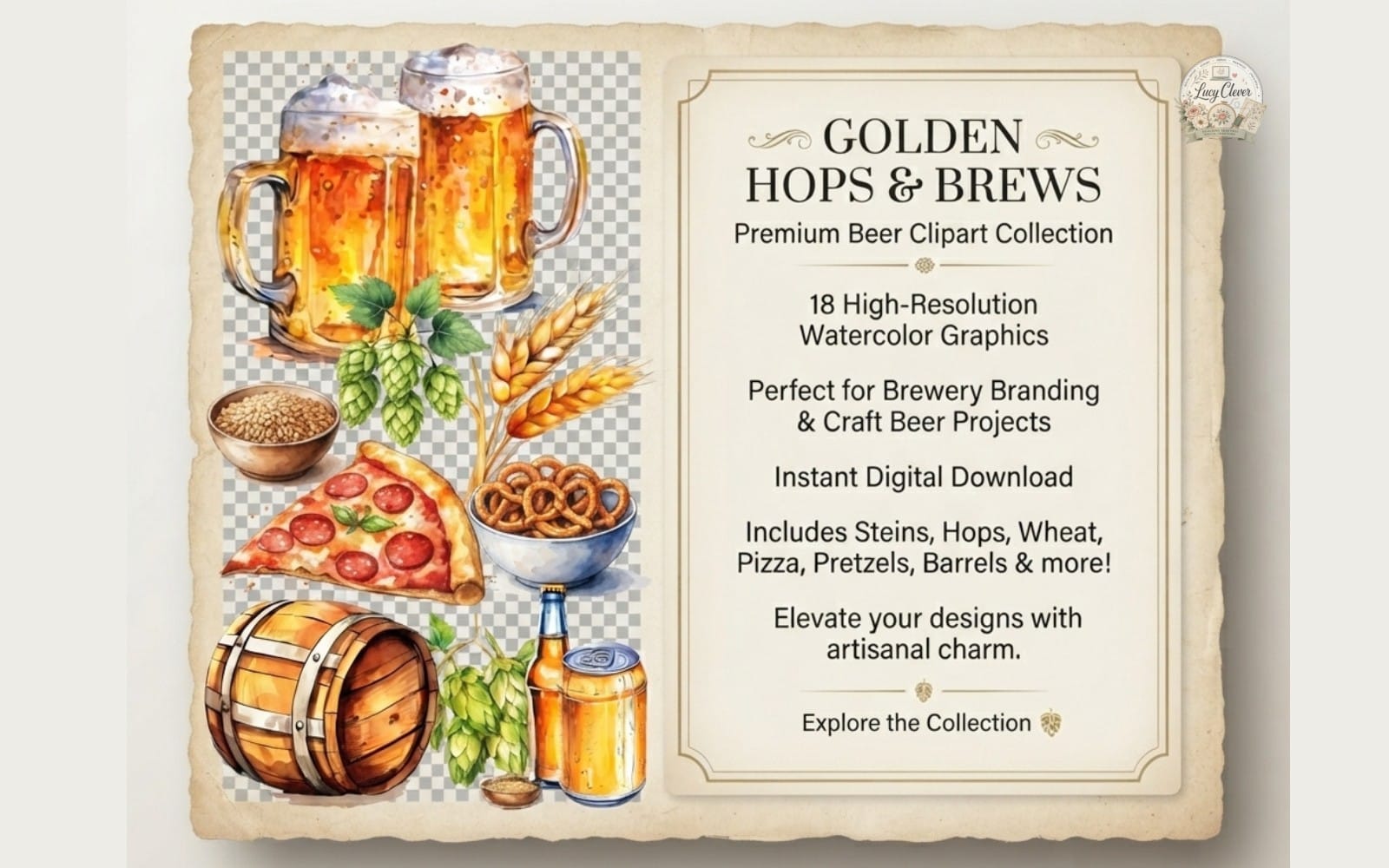 Golden Hops & Brews – 18 Watercolor Beer Clipart Set – High-Resolution Transparent PNGs – Instant Digital Download for Craft Beer Branding