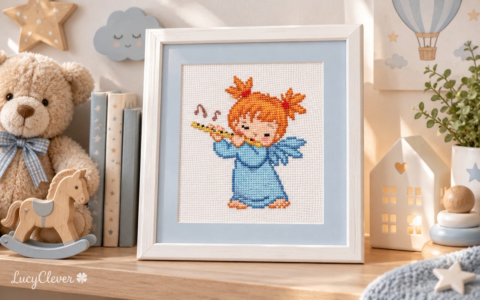 Cute angel in a blue dress holding a flute cross stitch design inside a framed hoop, PDF needlework pattern