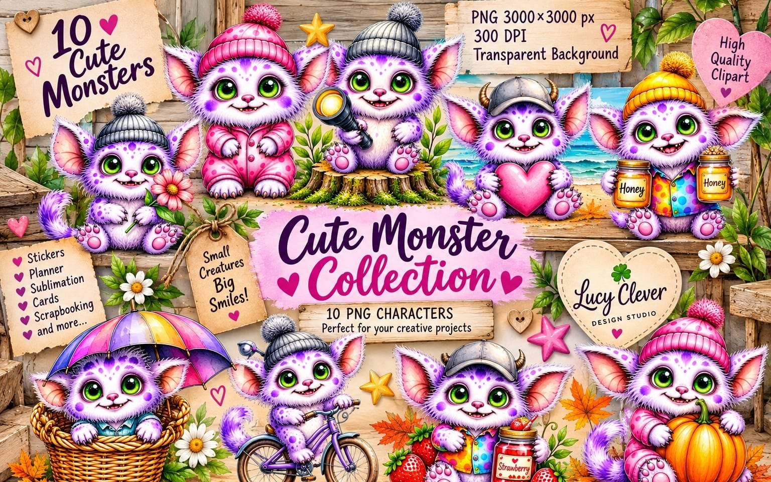 Cute purple kawaii monster clipart bundle with 10 fantasy PNG characters on transparent background collage