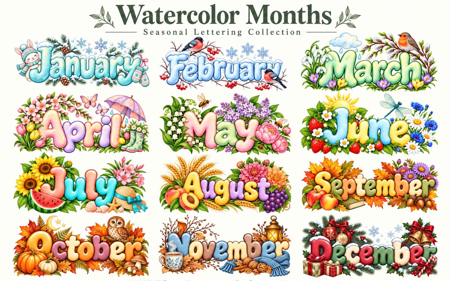 Watercolor seasonal month name clipart bundle with colorful letters and flowers, birds, and winter holiday elements