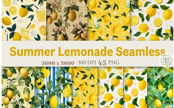 Set of 45 seamless summer lemonade-themed digital paper PNG backgrounds with lemons, greenery, and drink elements
