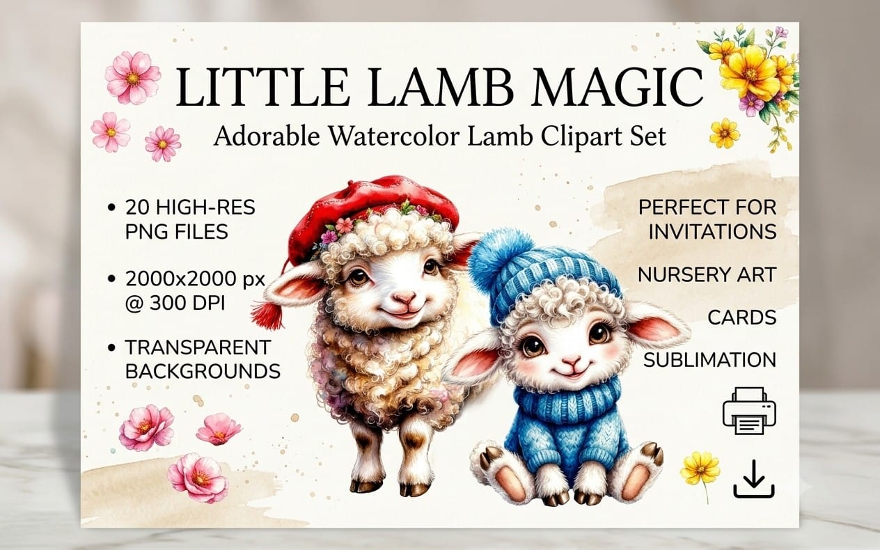 Watercolor clipart set featuring two lambs in winter hats with flowers on a promotional banner PNG graphic