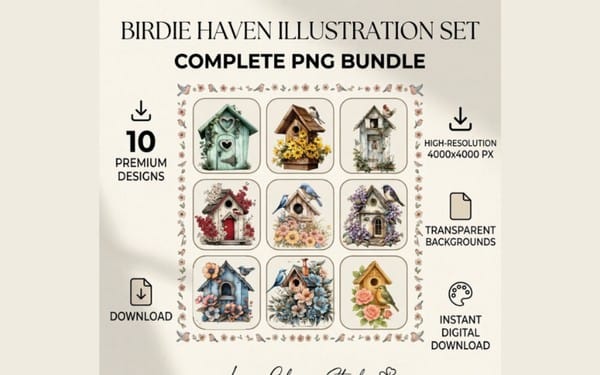 Vintage birdhouse illustration PNG clipart bundle sheet with transparent backgrounds and multiple designs