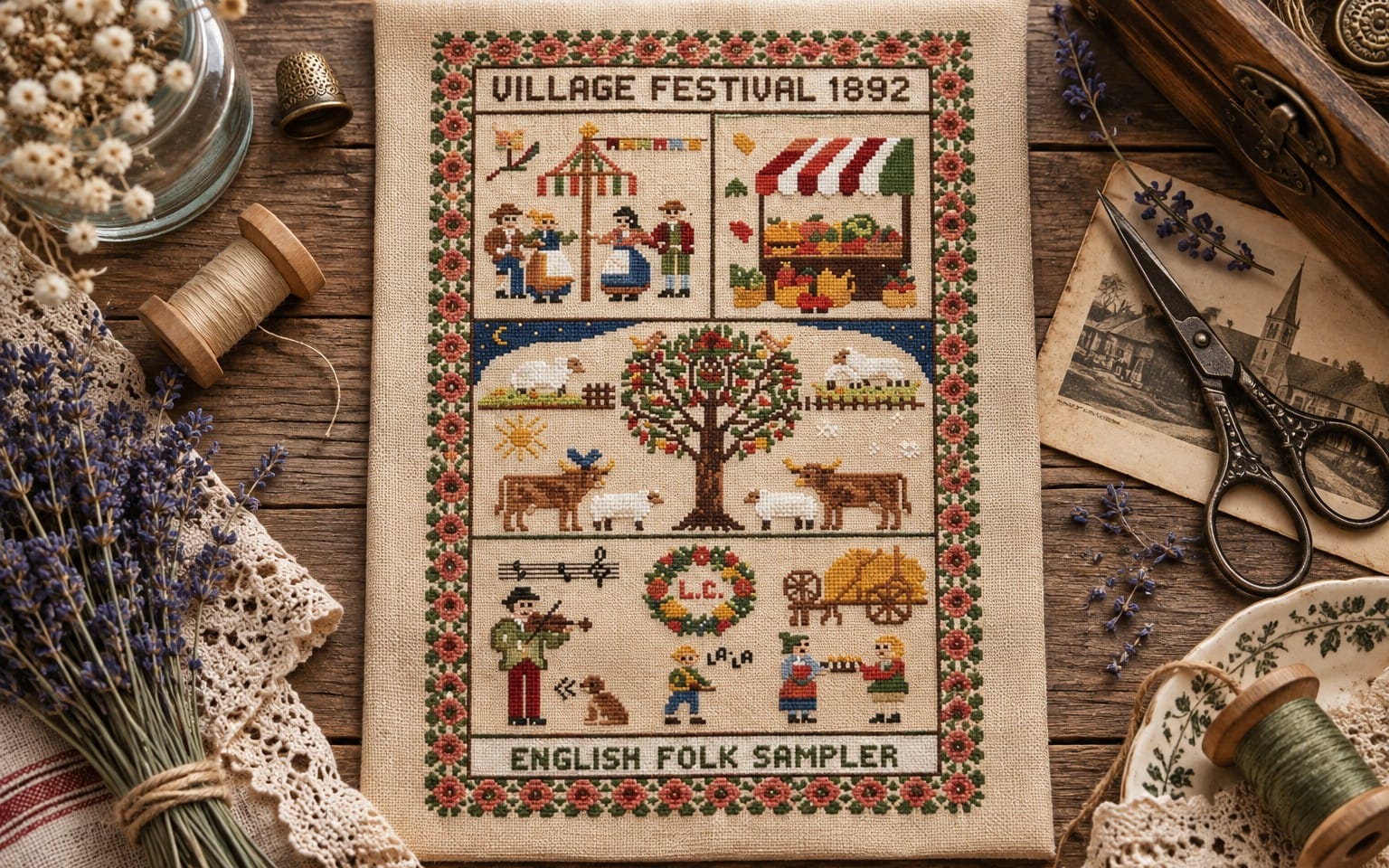 Village Festival 1892 cross stitch pattern PDF cover on linen fabric, with wreath border and farmer-themed motifs