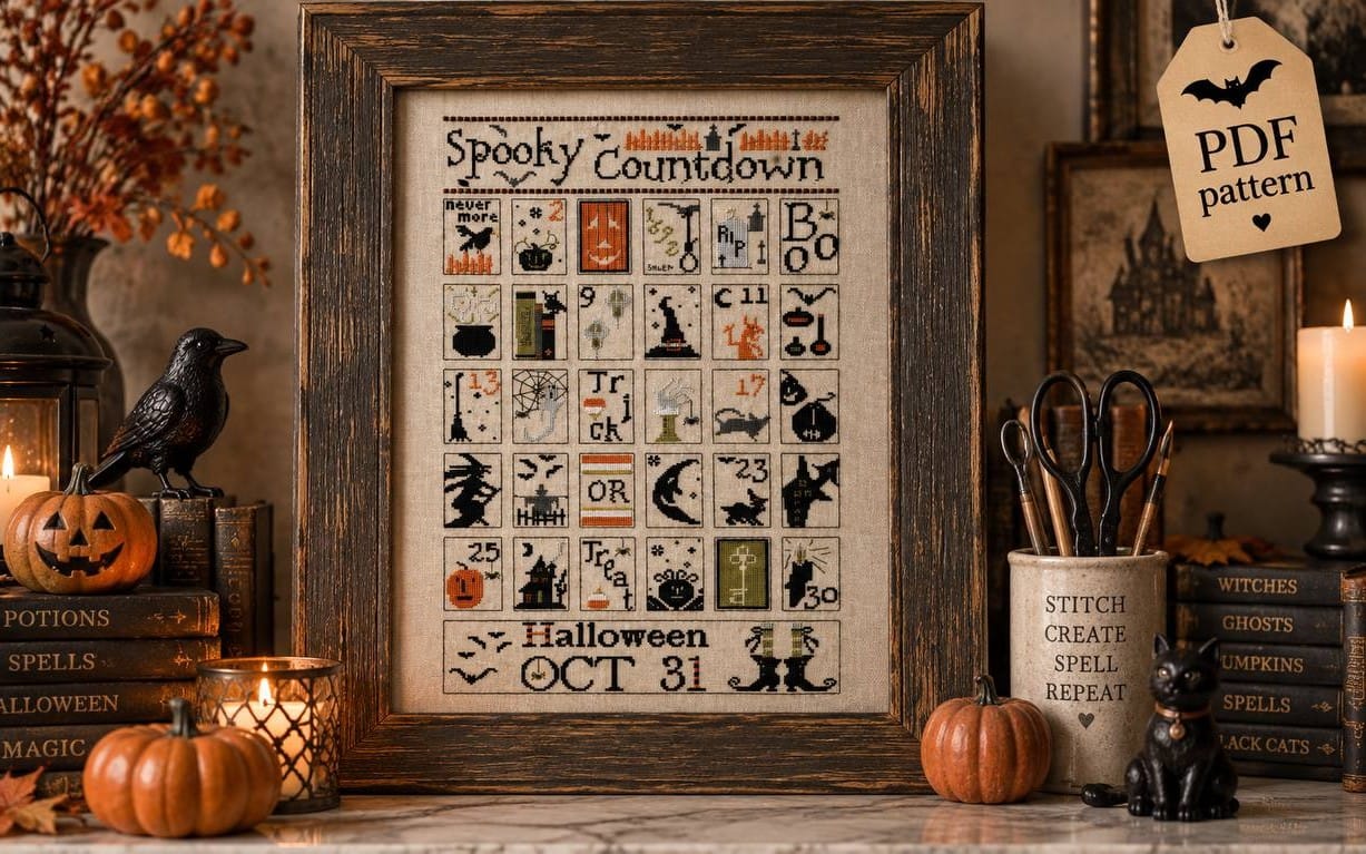 Spooky Halloween cross stitch sampler PDF pattern framed with witchy countdown icons and decorative pumpkins and candles