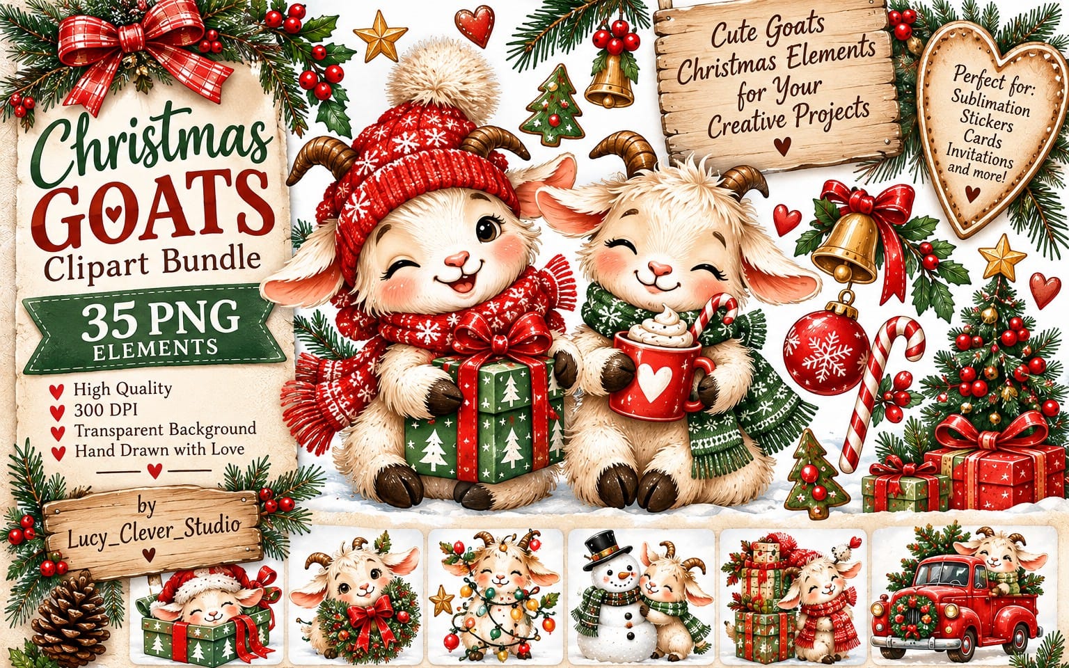 Christmas goat clipart bundle with cute goats, holiday props, bells, ornaments, and wrapped gifts on a festive