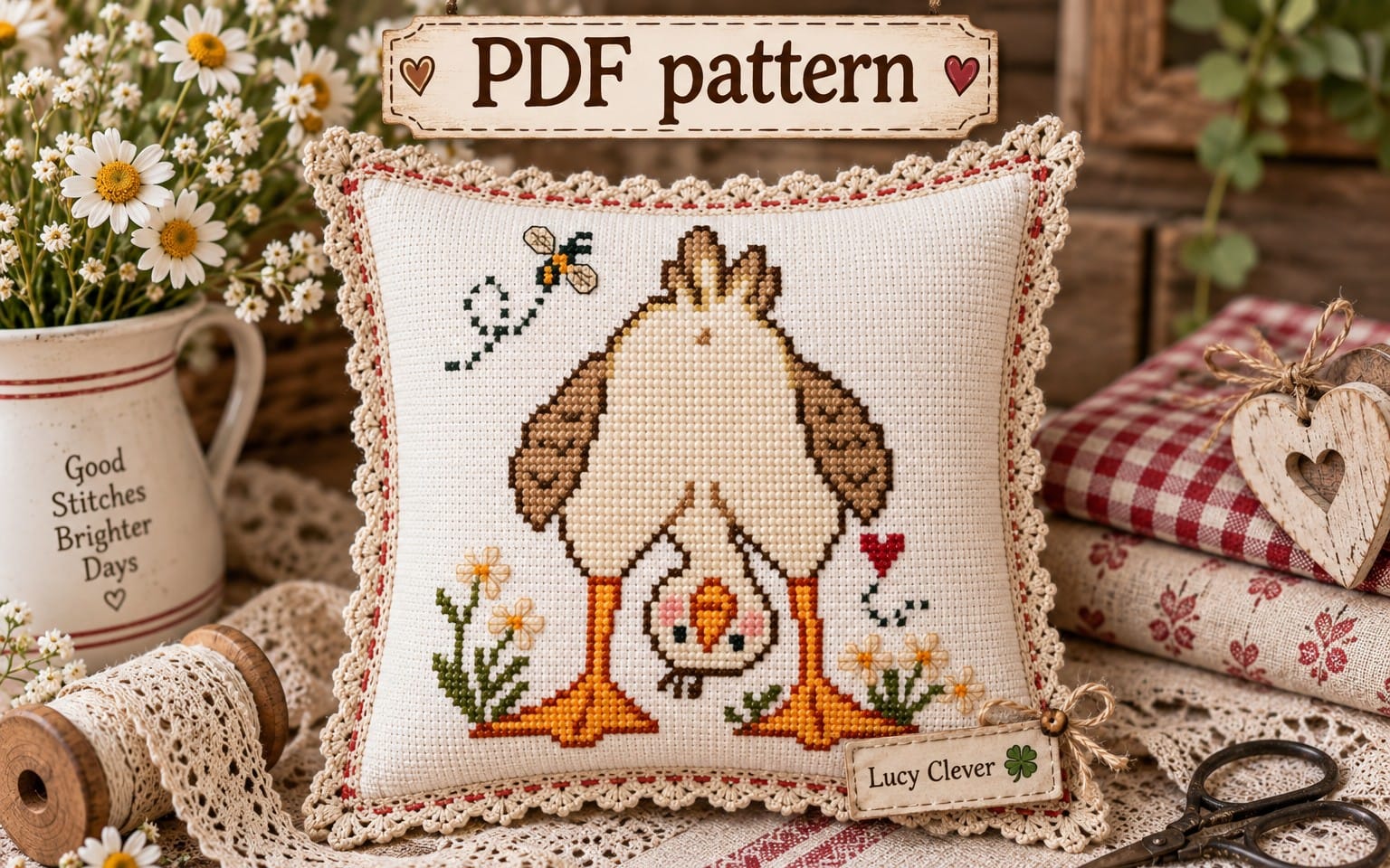 Cross stitch PDF pattern for a whimsical silly goose embroidered pillow with hearts and flowers, shown on rustic craft