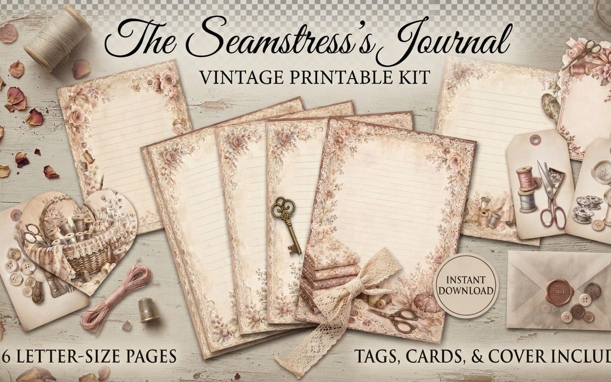 Vintage printable sewing journal kit pages with floral stationery, lace trim, thread, scissors, buttons, and tags