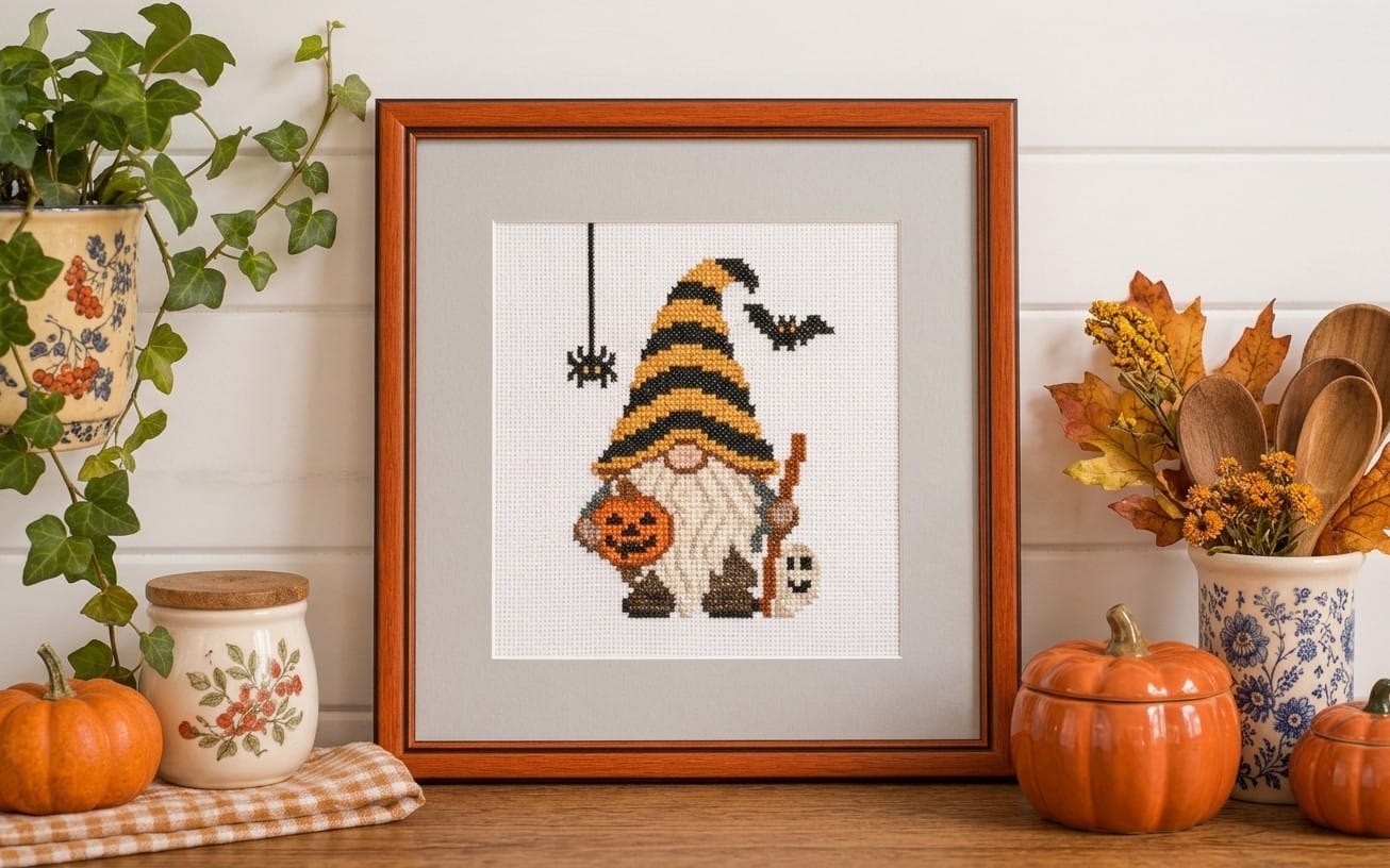 Halloween cross stitch counted pattern PDF featuring a spooky little gnome holding a pumpkin and a cat design in hoop