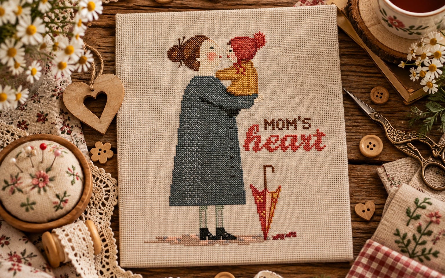 Cross stitch pattern PDF featuring a mother holding a small heart, with flowers and Mom’s heartfelt text on fabric