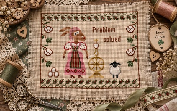 Funny goat and sheep country sampler cross stitch pattern PDF on fabric with thread spools and craft supplies around it