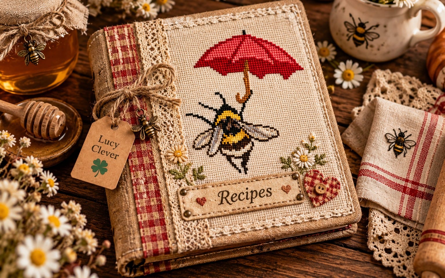 Bee cross stitch chart PDF showing a bumblebee with a red umbrella on beige fabric for cottagecore embroidery