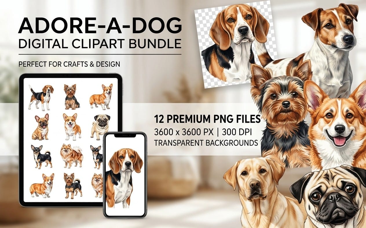 ADORE-A-DOG Clipart Bundle | 12 Watercolor Dog PNGs, Cute Puppy Illustrations, Pet Portrait PNG, 300 DPI Transparent Background Commercial Use