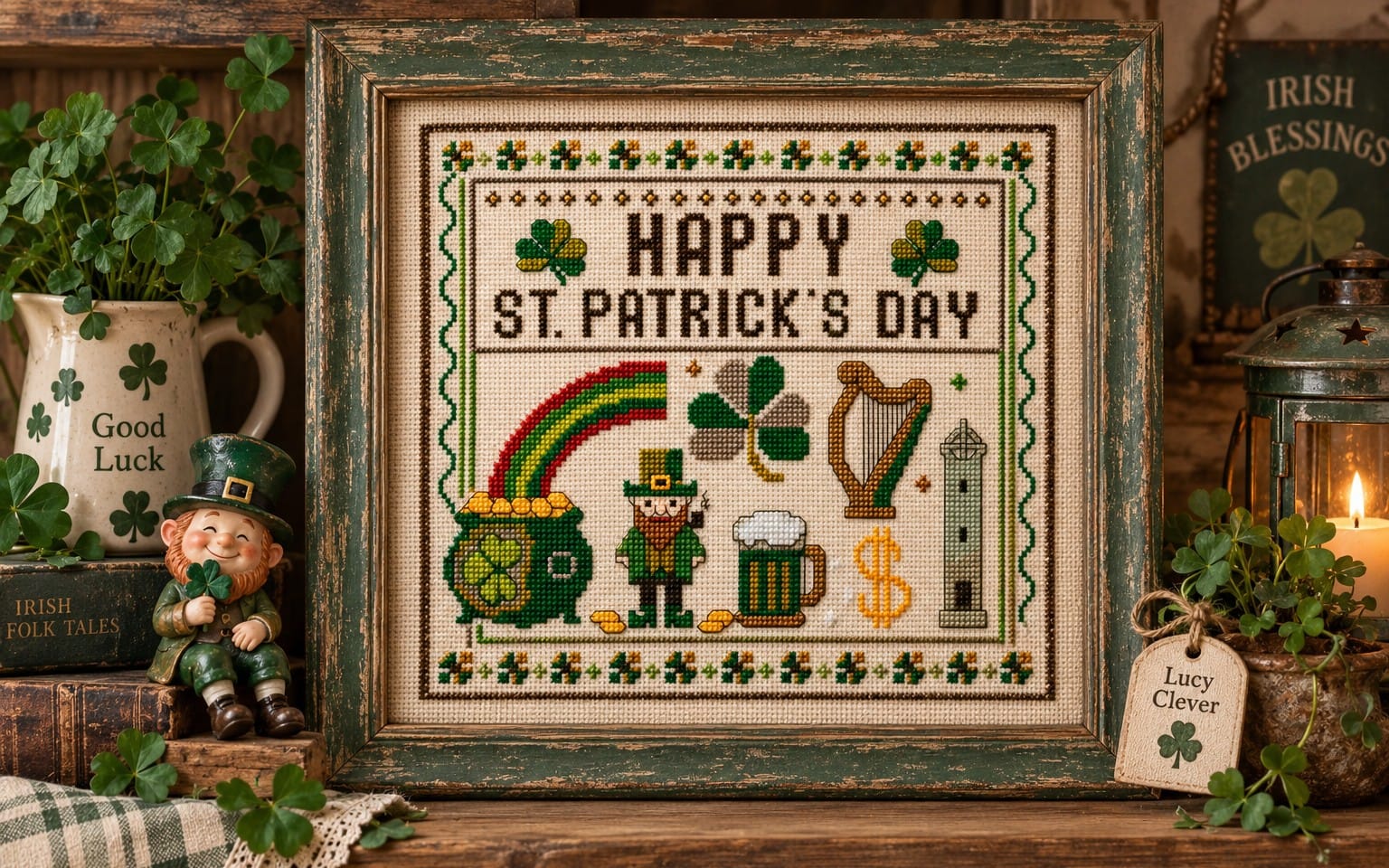 Framed St. Patrick’s Day cross-stitch sampler pattern with green shamrocks, rainbow, and Happy St Patrick’s Day text PDF