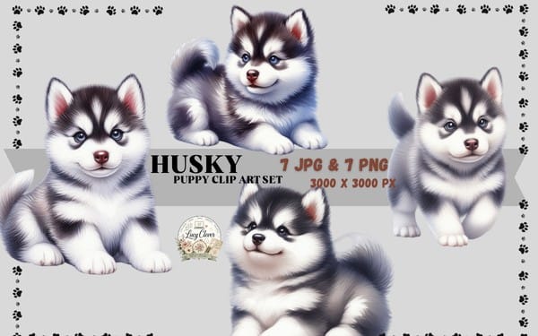Cute husky puppy clipart bundle featuring four chubby pups with pawprint border on a digital set banner