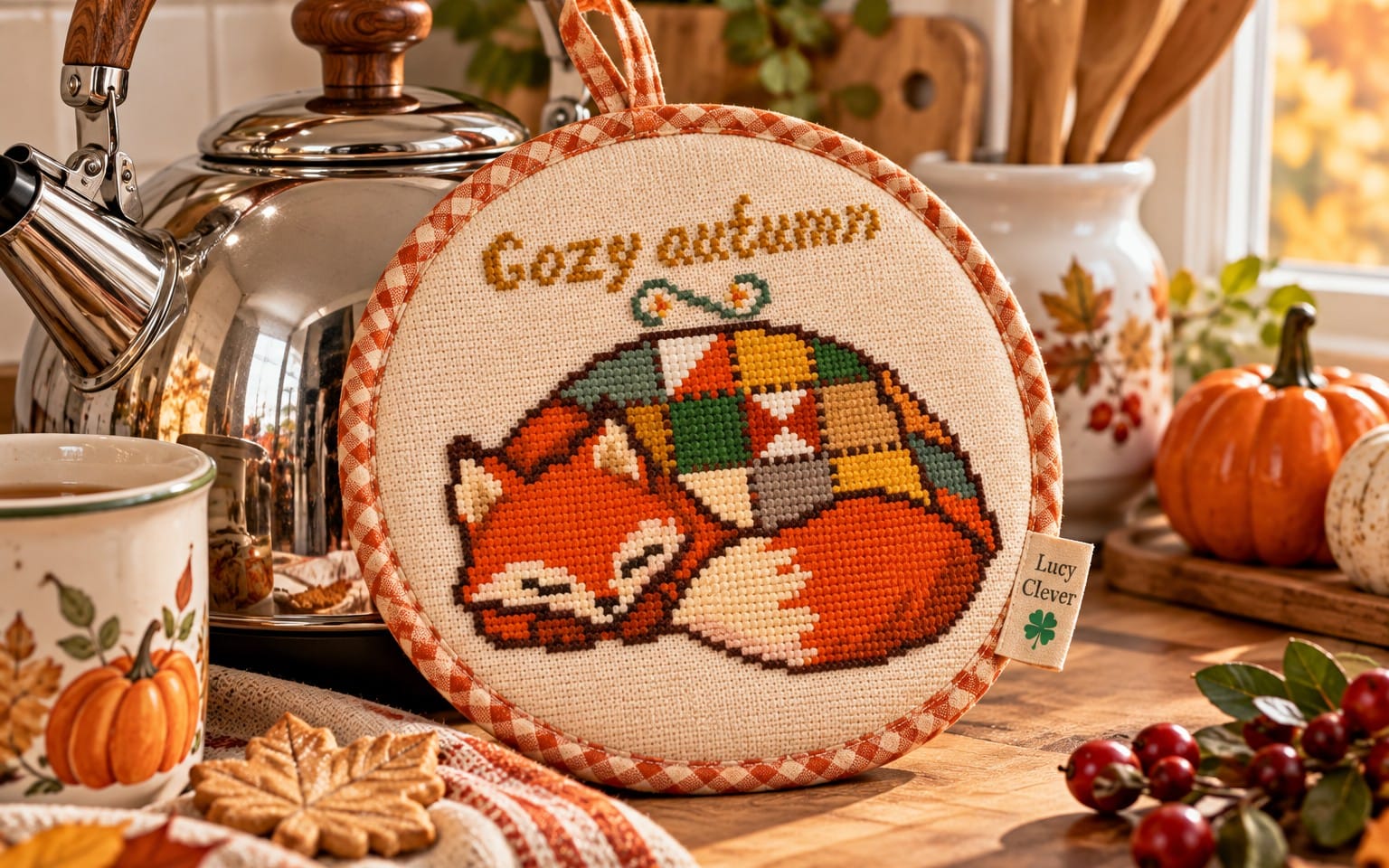 Cozy autumn cross stitch PDF pattern featuring a sleeping fox on fabric with patchwork quilt style design