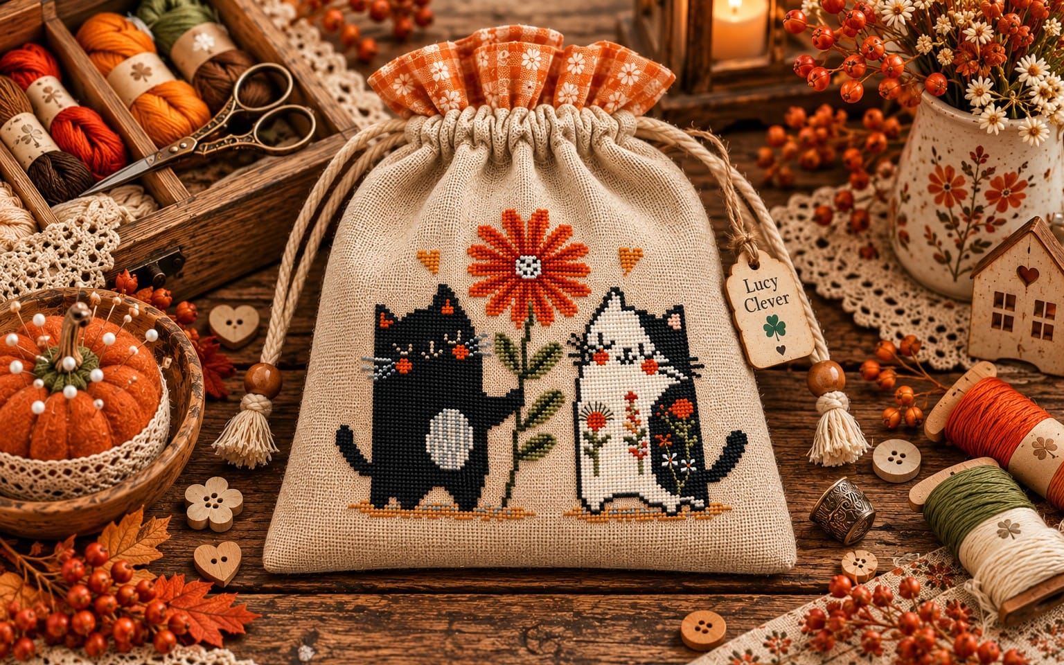 Orange Happiness cross stitch pattern PDF shown with a stitched cat and flower design in an autumn craft scene