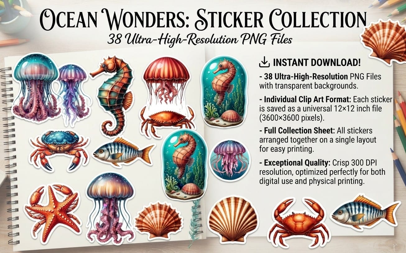 🪸🐚Transparent Background Watercolor Sea Life Clipart, Under the Water Digital Stickers, High Resolution 300 DPI, Instant Download